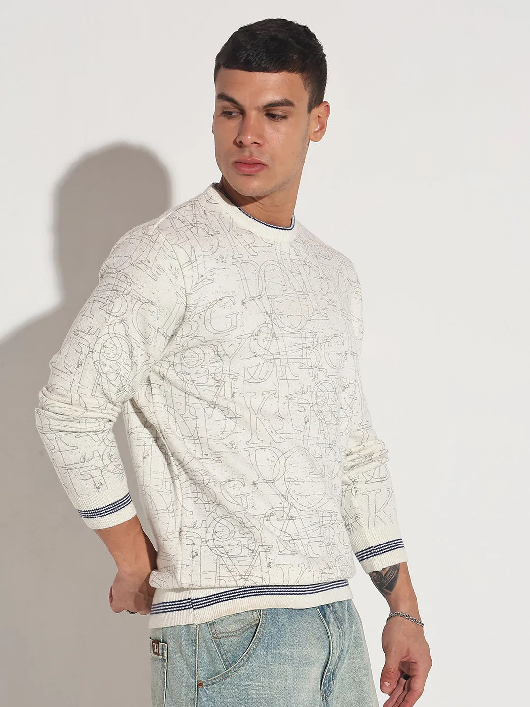 Men's Typography Off White Ribbed Round Neck Sweater Year Round