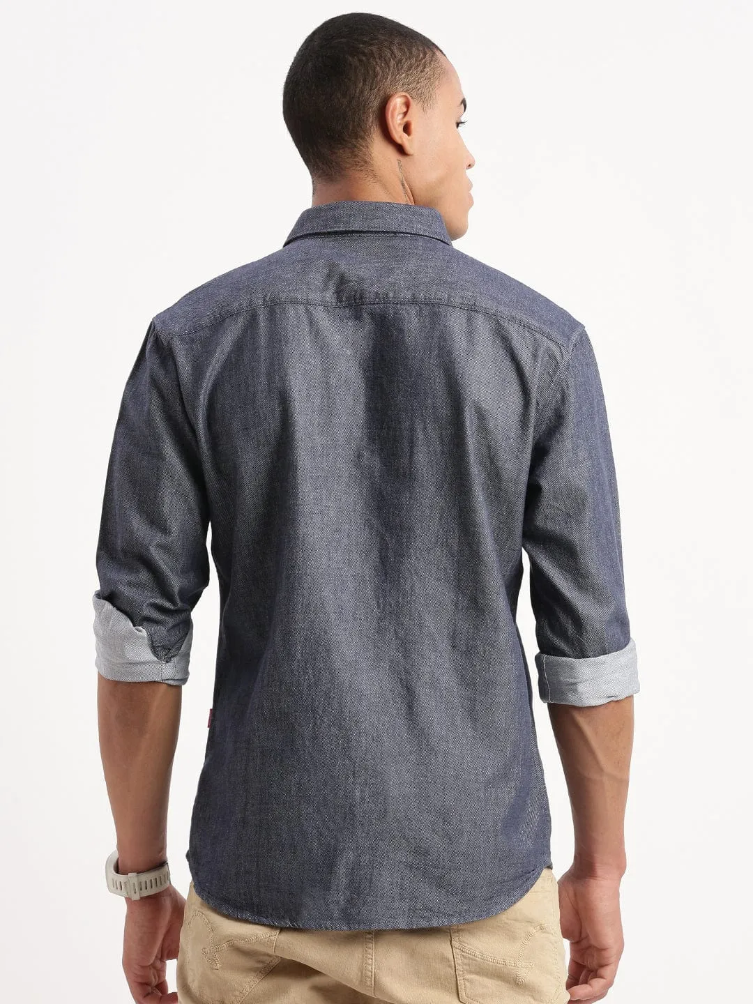 Men's Navy Blue Standard Cutaway Collar Slim Fit Cotton Casual Shirt MultiPocket Design Run Glow