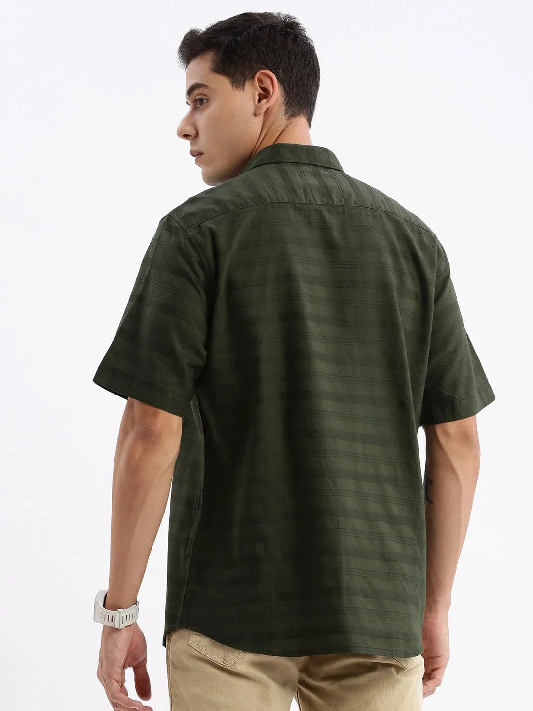 Stylish Bottom Men's Green Standard Slim Fit Horizontal Stripes Opaque Striped Cotton Casual Shirt