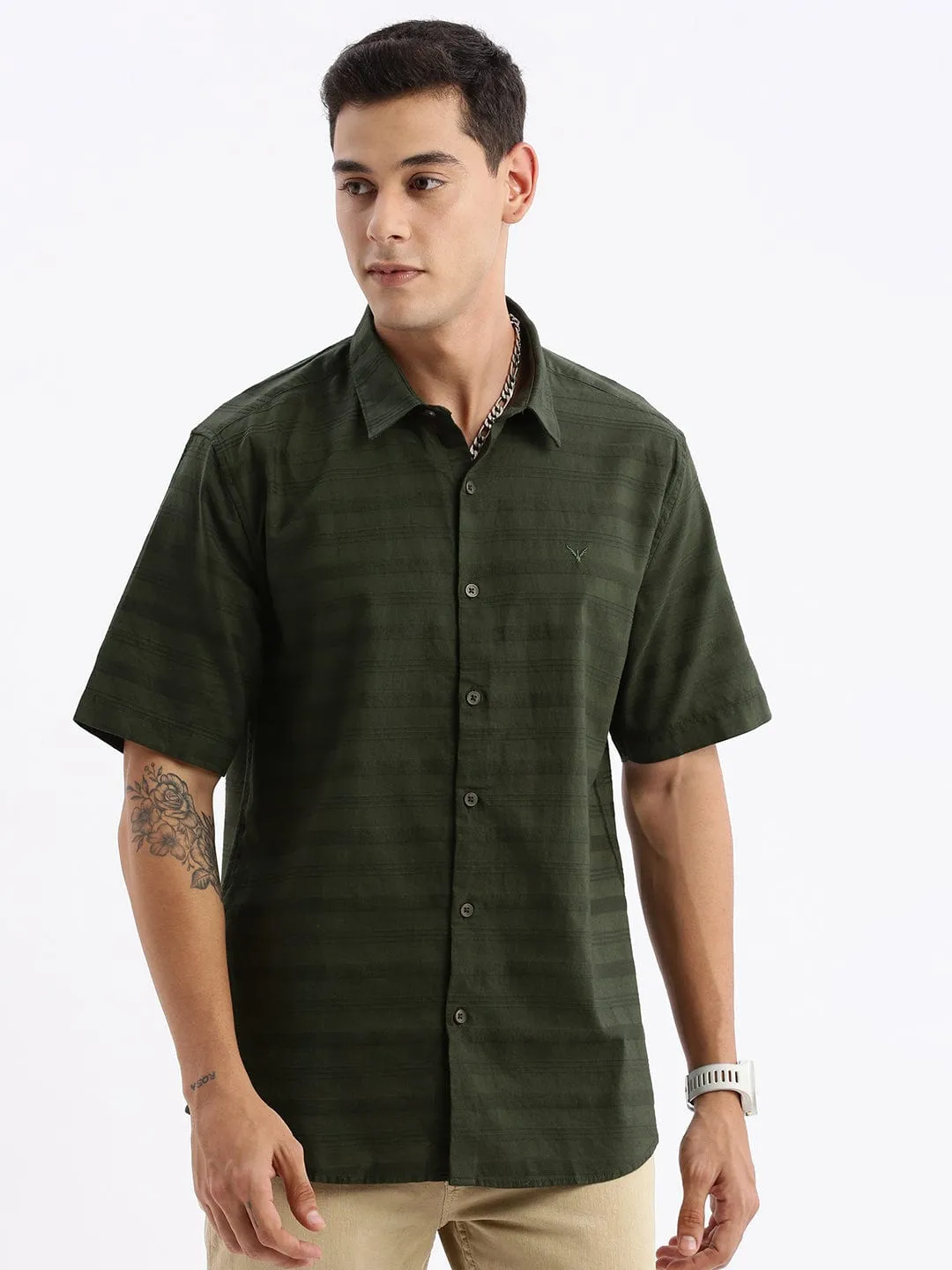 Men's Green Standard Slim Fit Horizontal Stripes Opaque Striped Cotton Casual Shirt Breathable mesh QuickDrying Material
