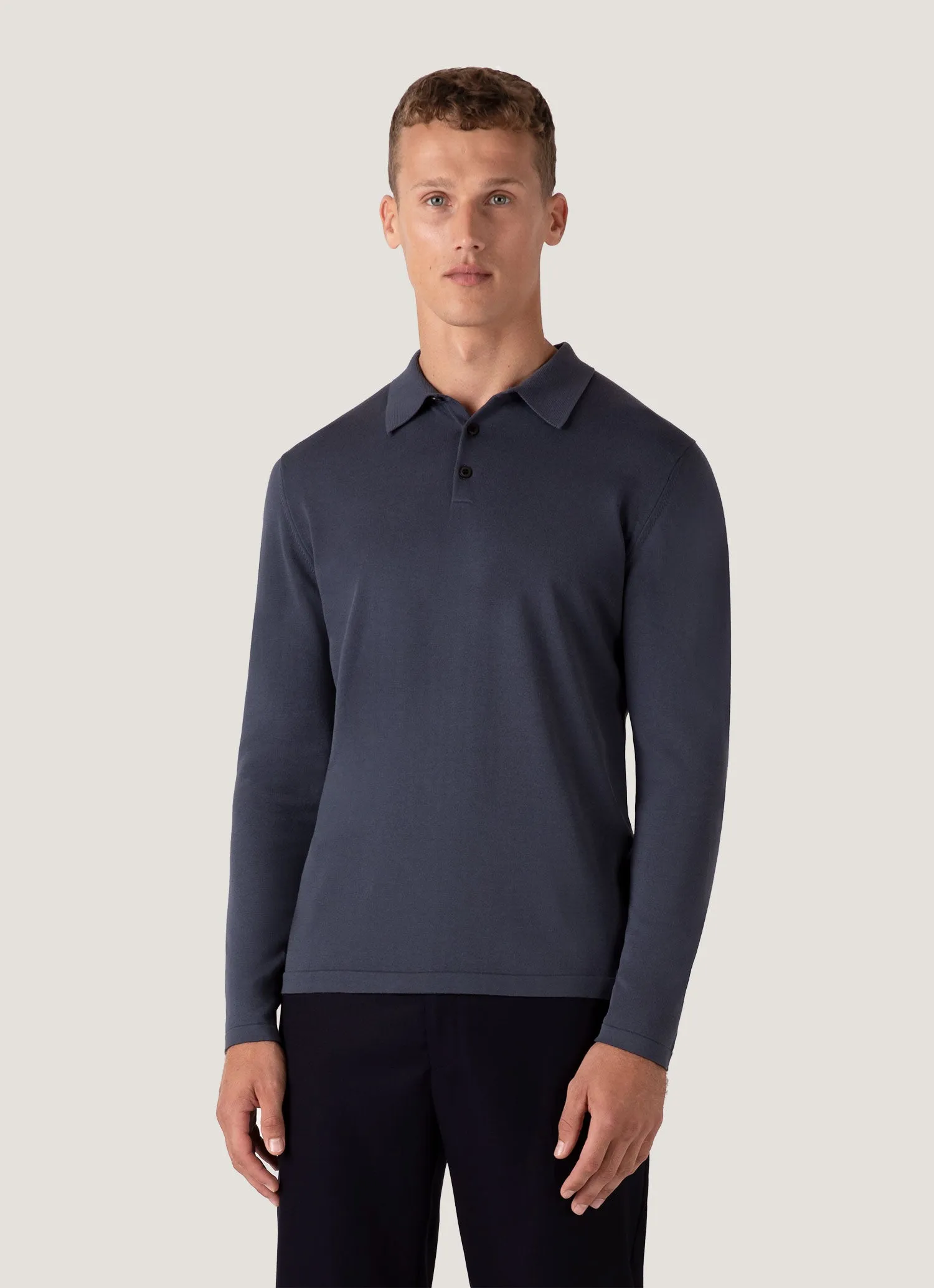 Sustainable Manufacturing Weekend Ready Men's Long Sleeve Sea Island Cotton Knit Polo Shirt in Slate Blue