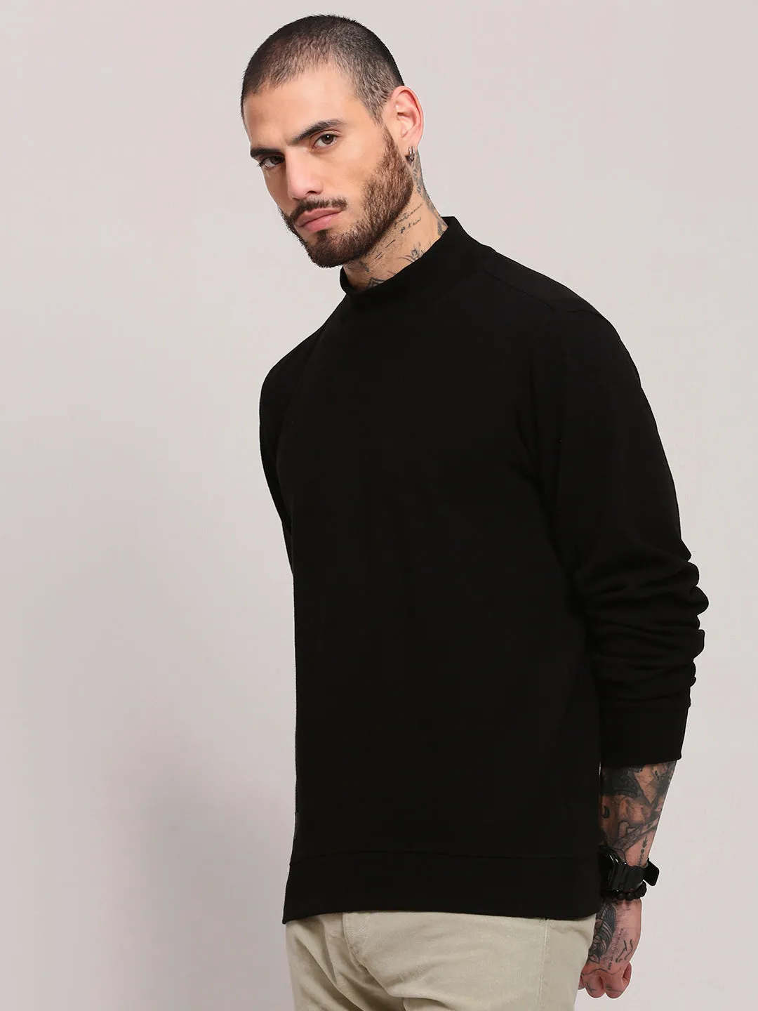 Men's Black Solid Cotton Pullover Casual Layer