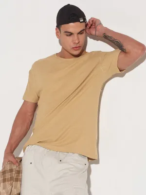Men's Beige Round Neck Regular Fit T-Shirt Resort Mood LightweightWeave