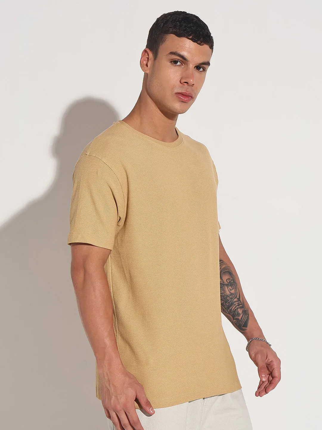 Polish Glow NonChafingEdges Men's Beige Round Neck Regular Fit T-Shirt