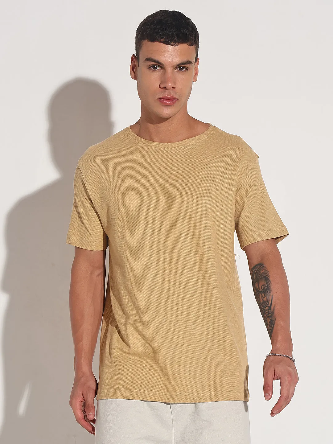 Fire Glow Match Fit Men's Beige Round Neck Regular Fit T-Shirt