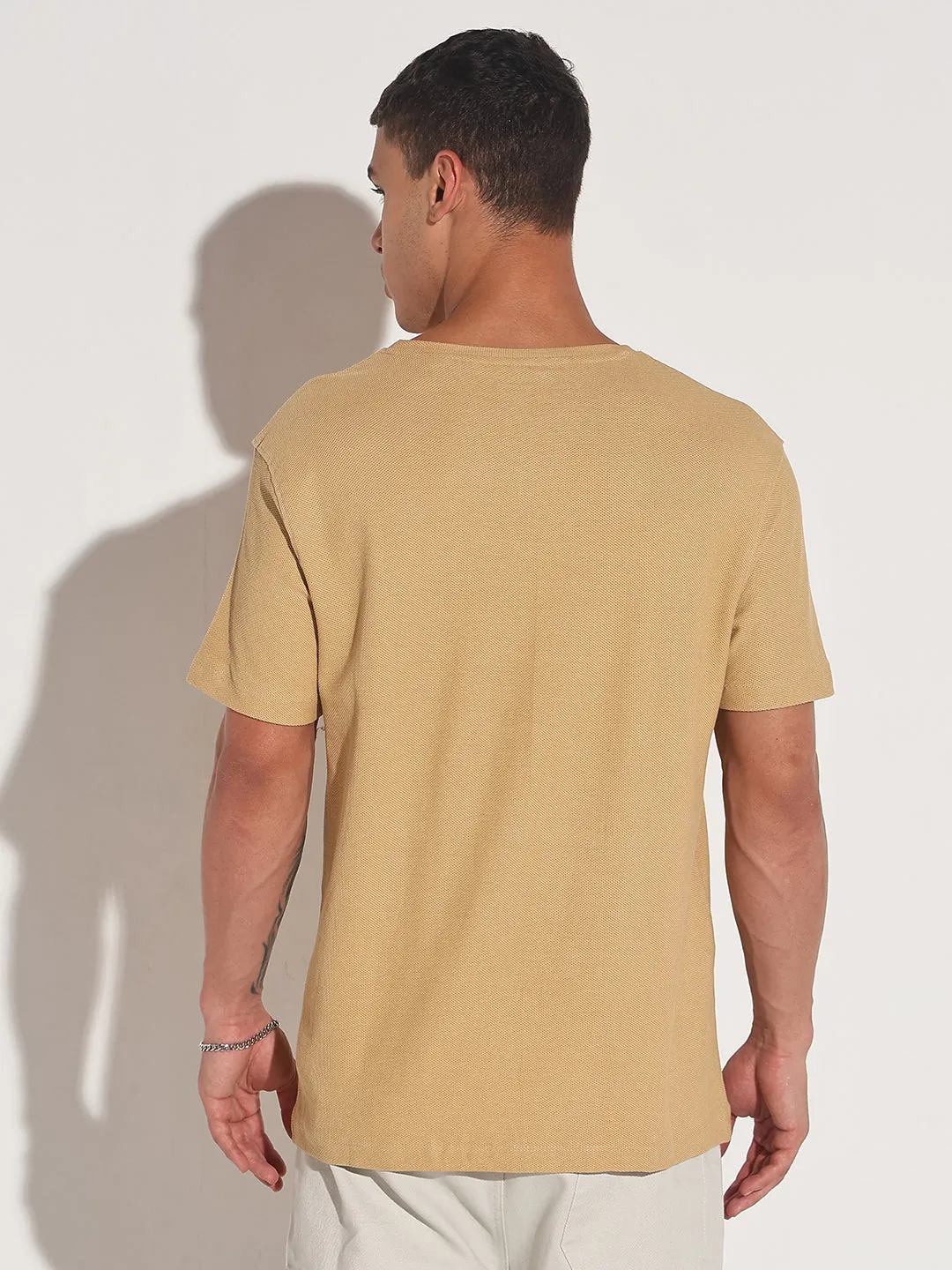 QuickAccess Pockets Men's Beige Round Neck Regular Fit T-Shirt