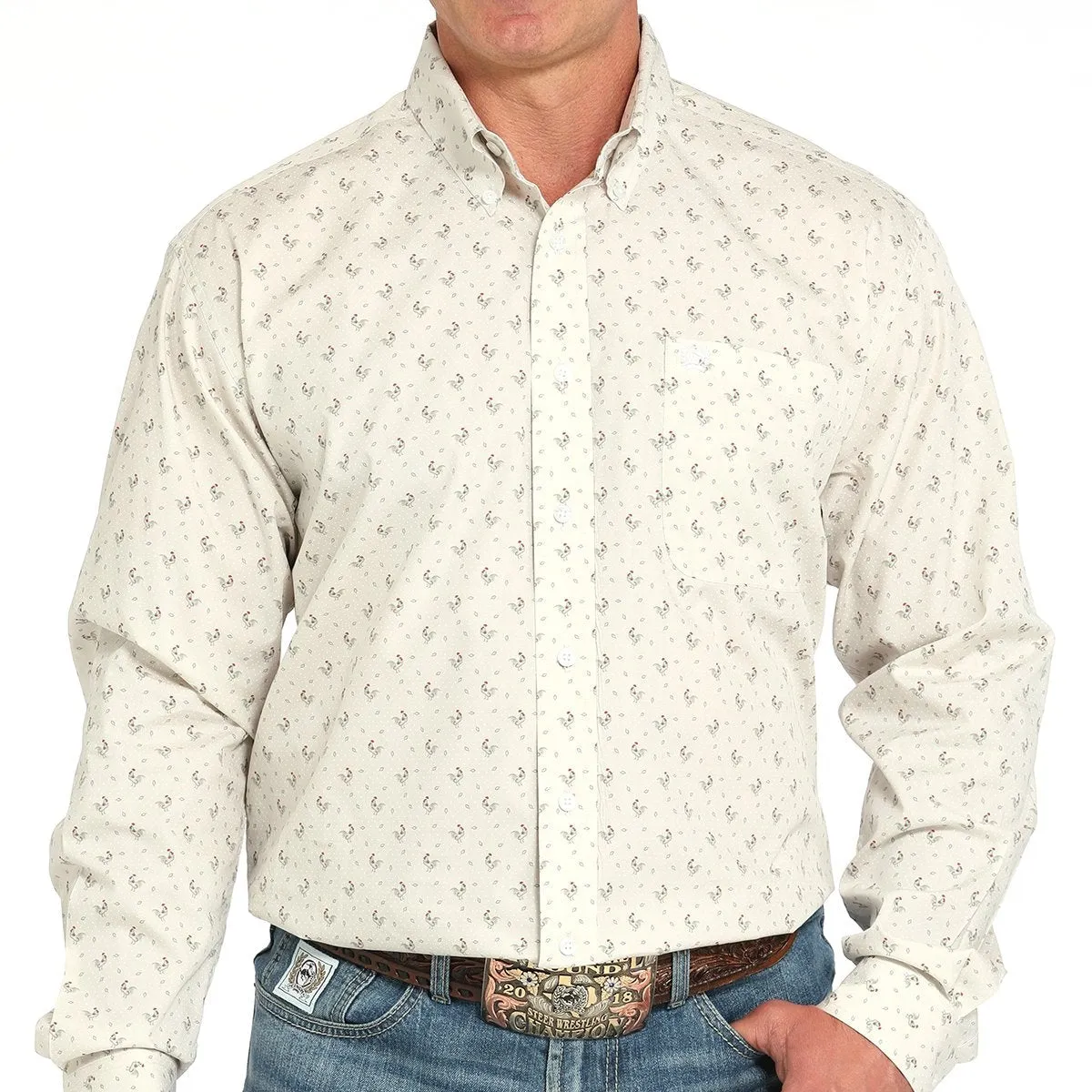 stain resistant coating Breathable mesh lining Cinch Men's L/S Classic Fit Rooster Print Western Button Down Shirt in Grey