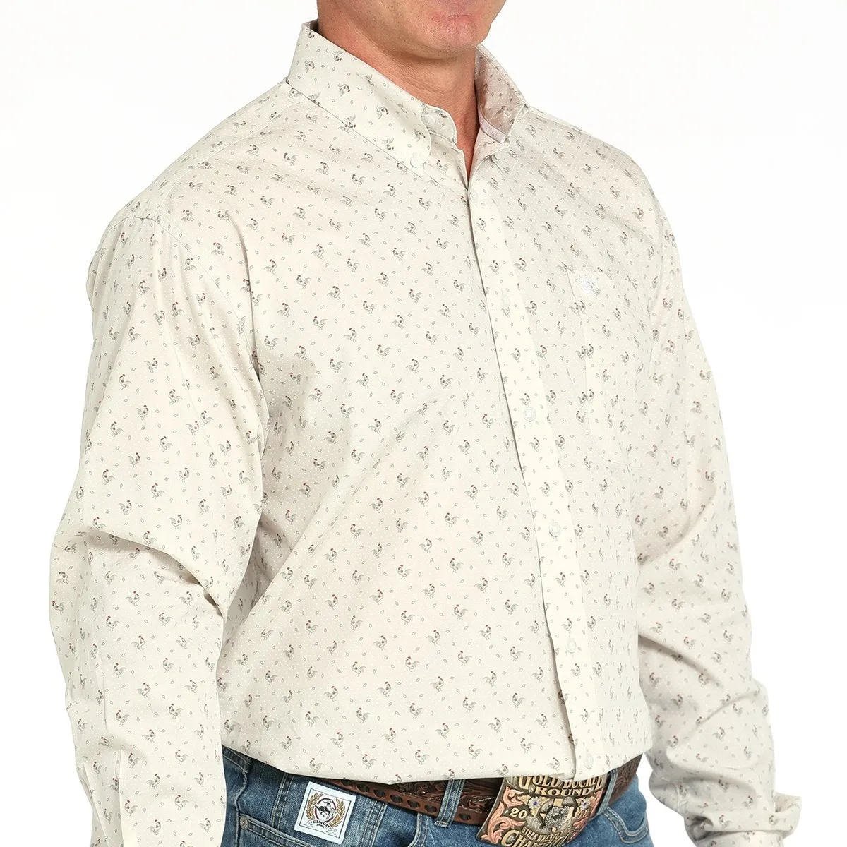 Cinch Men's L/S Classic Fit Rooster Print Western Button Down Shirt in Grey Airflow Mesh Panels Soft Touch