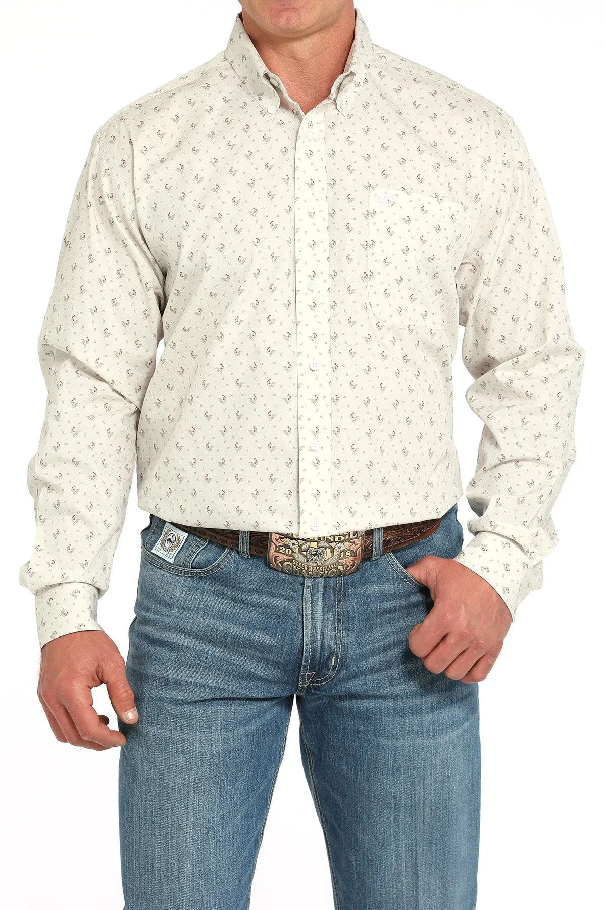 Versatile Wardrobe Piece Cinch Men's L/S Classic Fit Rooster Print Western Button Down Shirt in Grey
