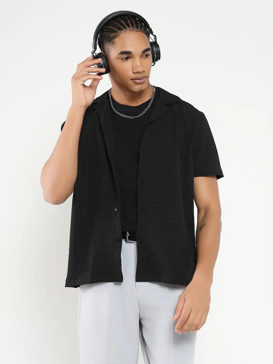 MicroPerforatedTexture Men's Black Cuban Collar Relaxed Fit Solid Shirt