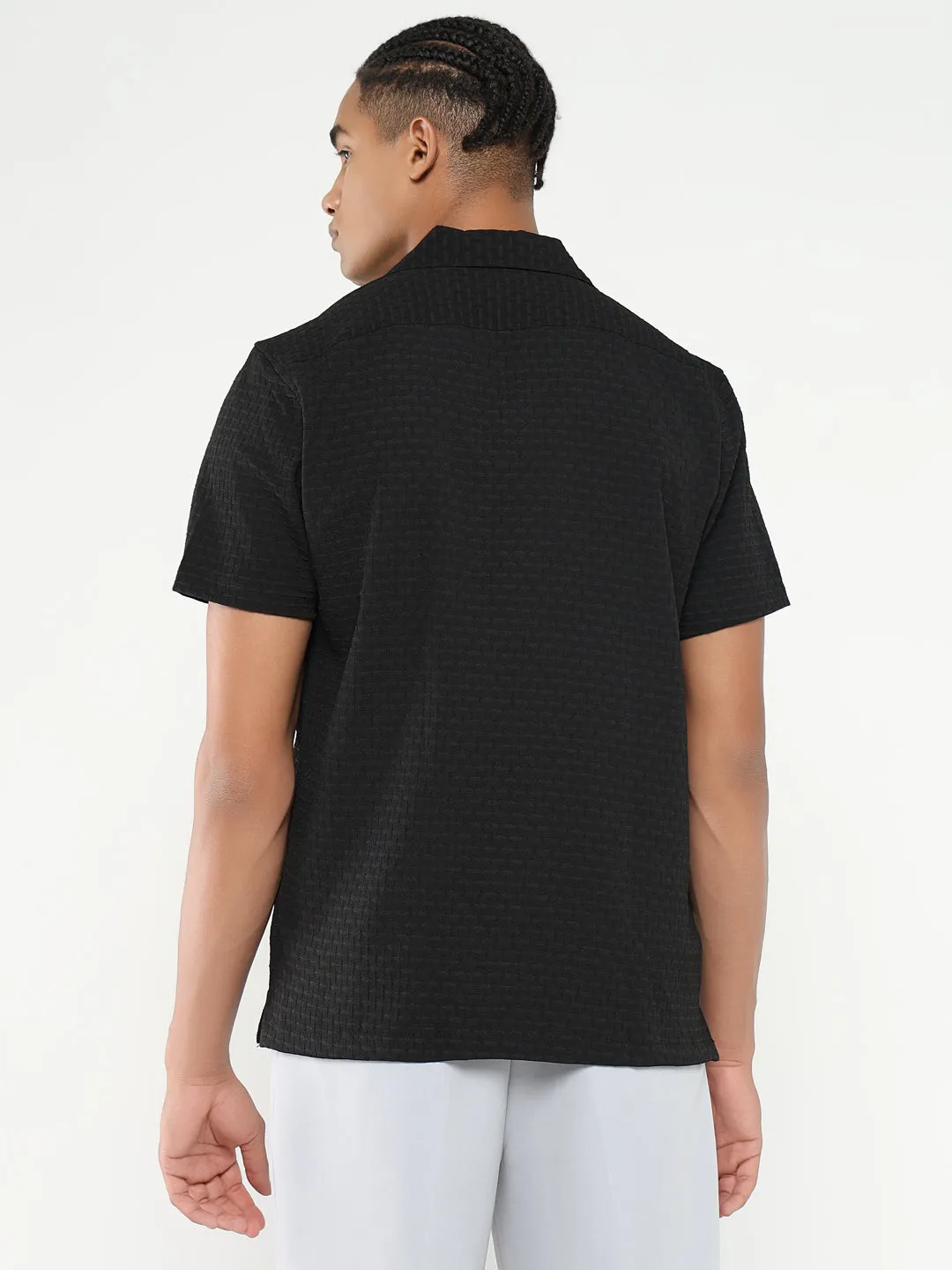 Men's Black Cuban Collar Relaxed Fit Solid Shirt Beach Ease hypoallergenic material