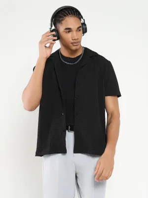 MicroPerforatedTexture Men's Black Cuban Collar Relaxed Fit Solid Shirt