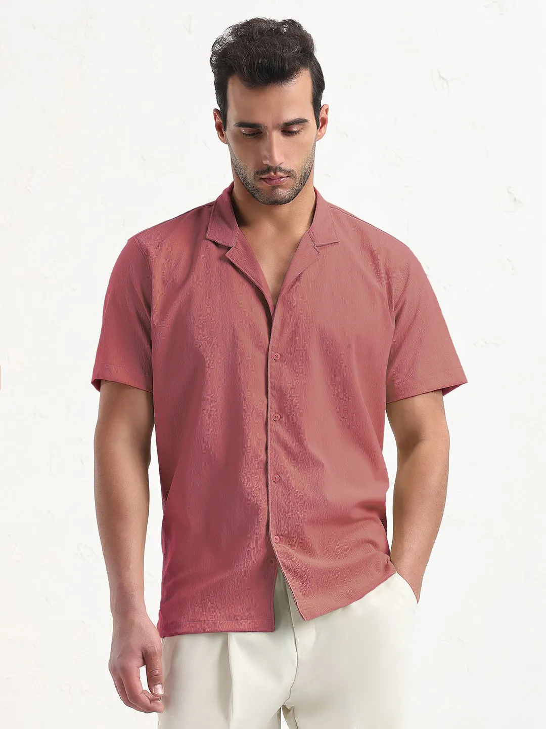 Run Glow Red Flash Men's Pink Cuban Collar Relaxed Fit Shirt