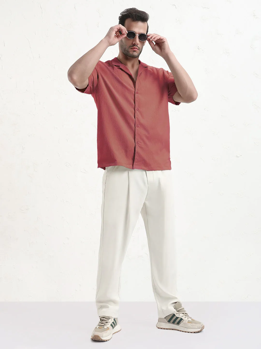 TaglessLabel Men's Pink Cuban Collar Relaxed Fit Shirt