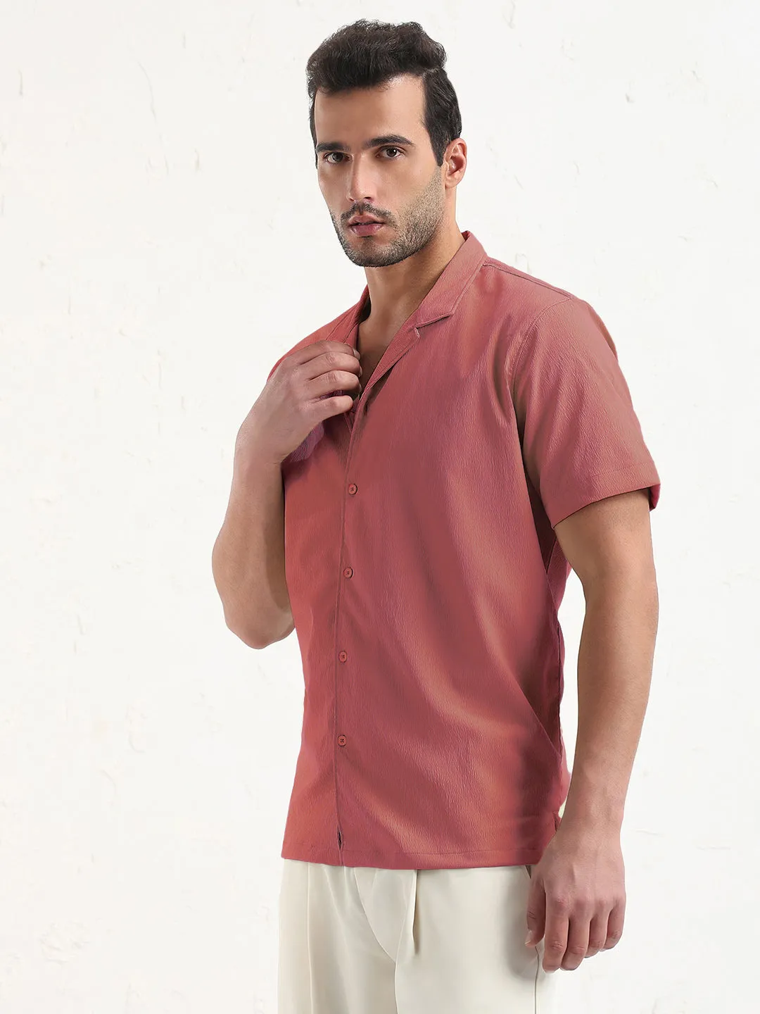 QuickDrying Men's Pink Cuban Collar Relaxed Fit Shirt