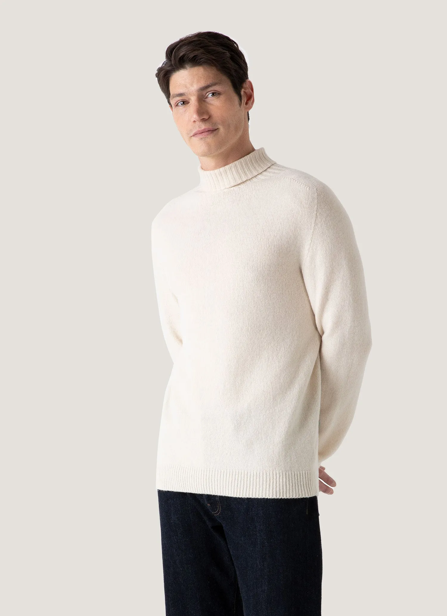 Men's Lambswool Roll Neck in Ecru Breathable mesh Easy Comfort