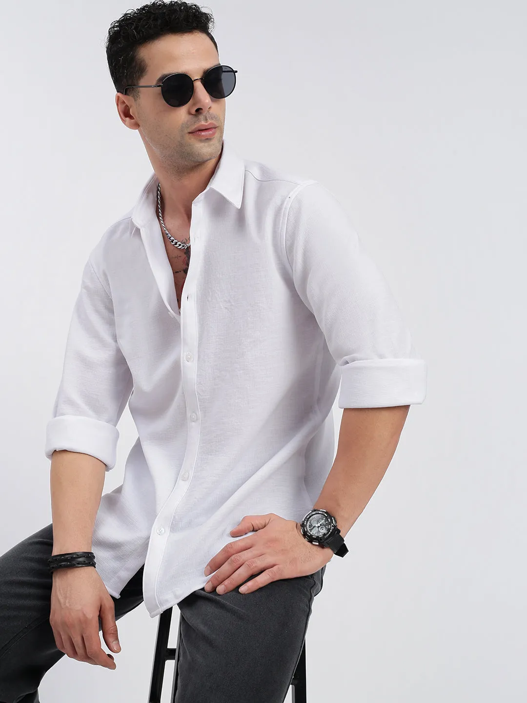 Seamless Sleeve Construction Men's White Standard Spread Collar Solid Cotton Casual Shirt