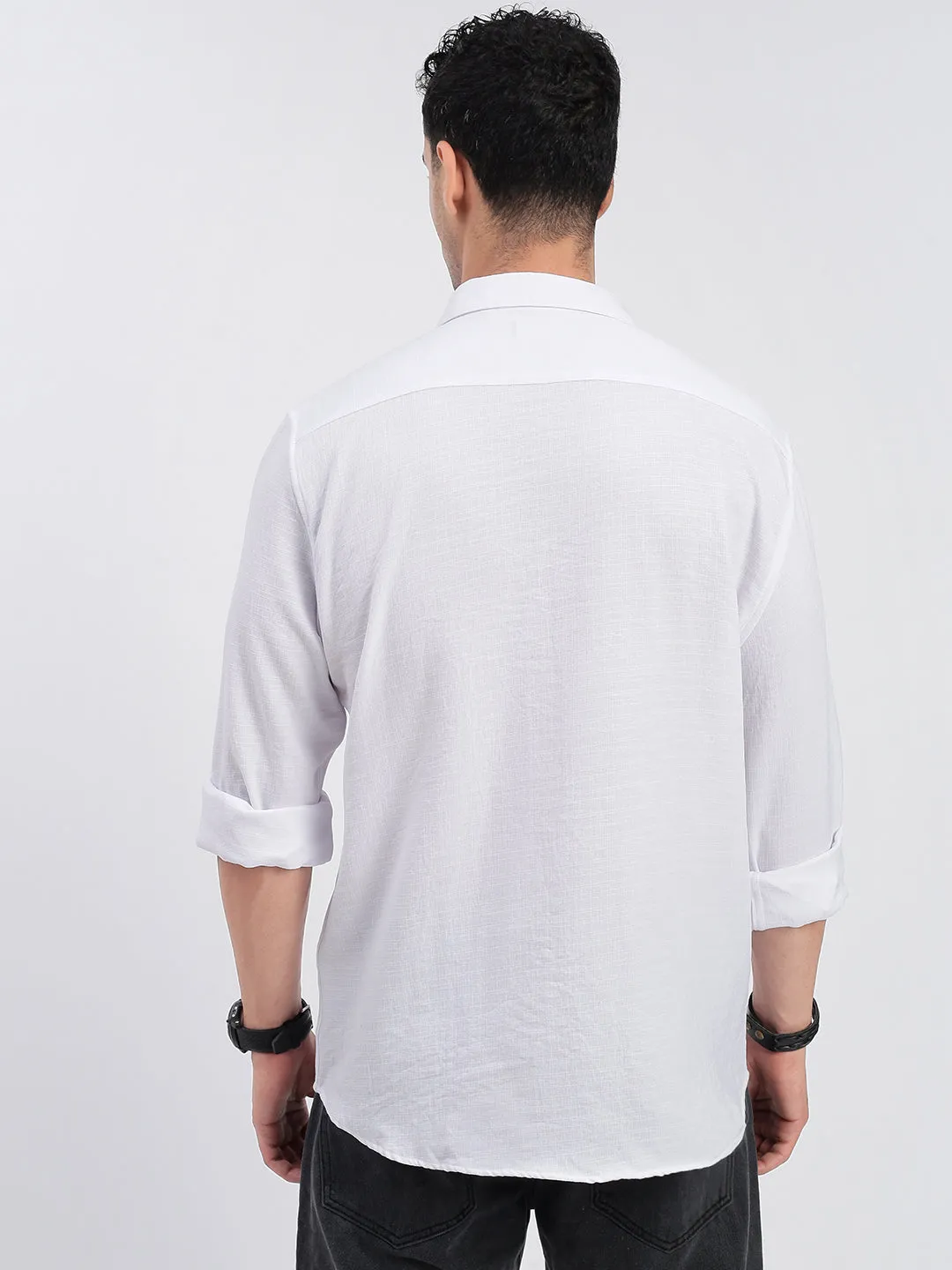 Men's White Standard Spread Collar Solid Cotton Casual Shirt Dream Base