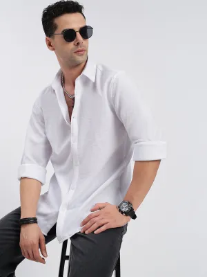 Seamless Sleeve Construction Men's White Standard Spread Collar Solid Cotton Casual Shirt