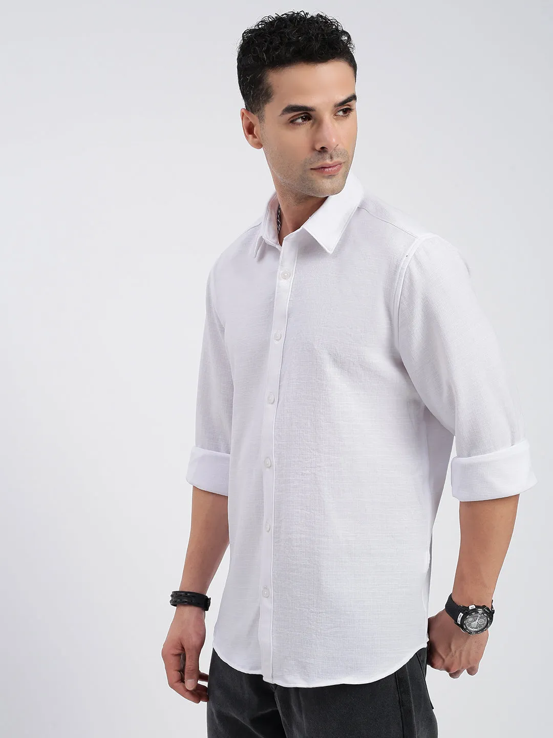 Men's White Standard Spread Collar Solid Cotton Casual Shirt 4Way Stretch