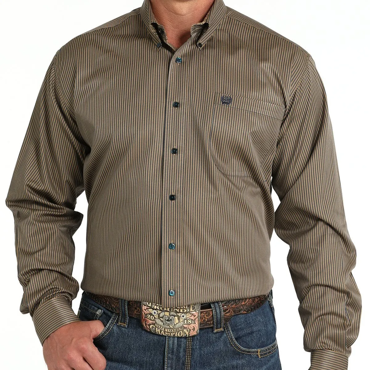 Cinch Men's Tencel L/S Navy Striped Western Button Down Shirt in Brown Ultimate Comfort