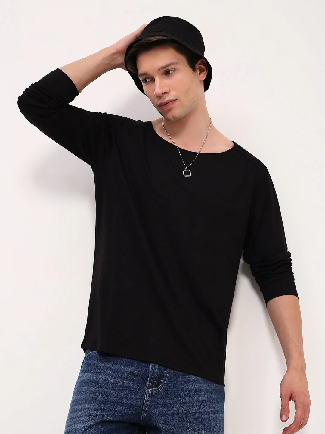 Home Relaxation Men's Black Solid Round Neck T-Shirt