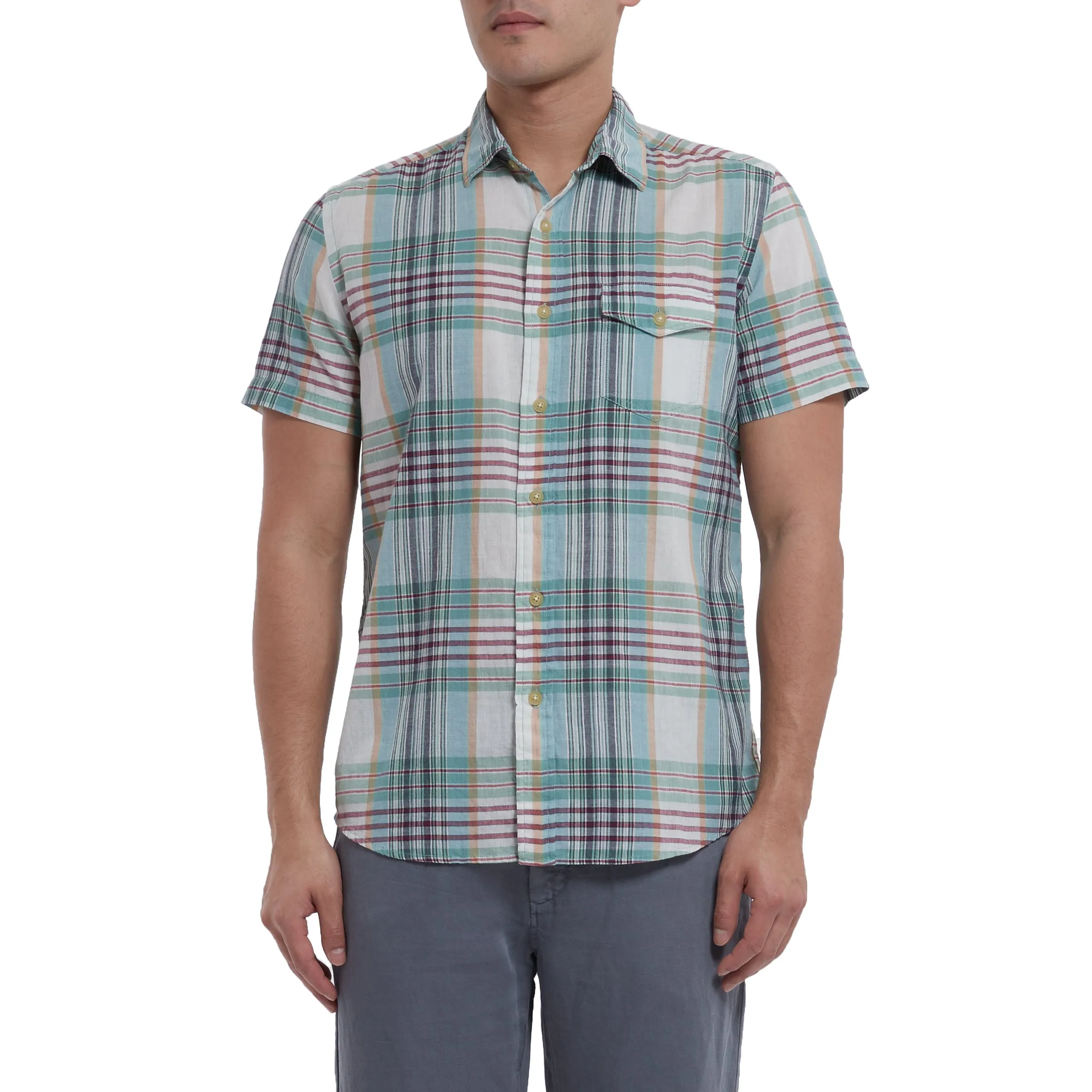 Casual and cool Livingstone's Classic Madras Plaid Short Sleeve Shirt - Lunar Rock Blue Tan *