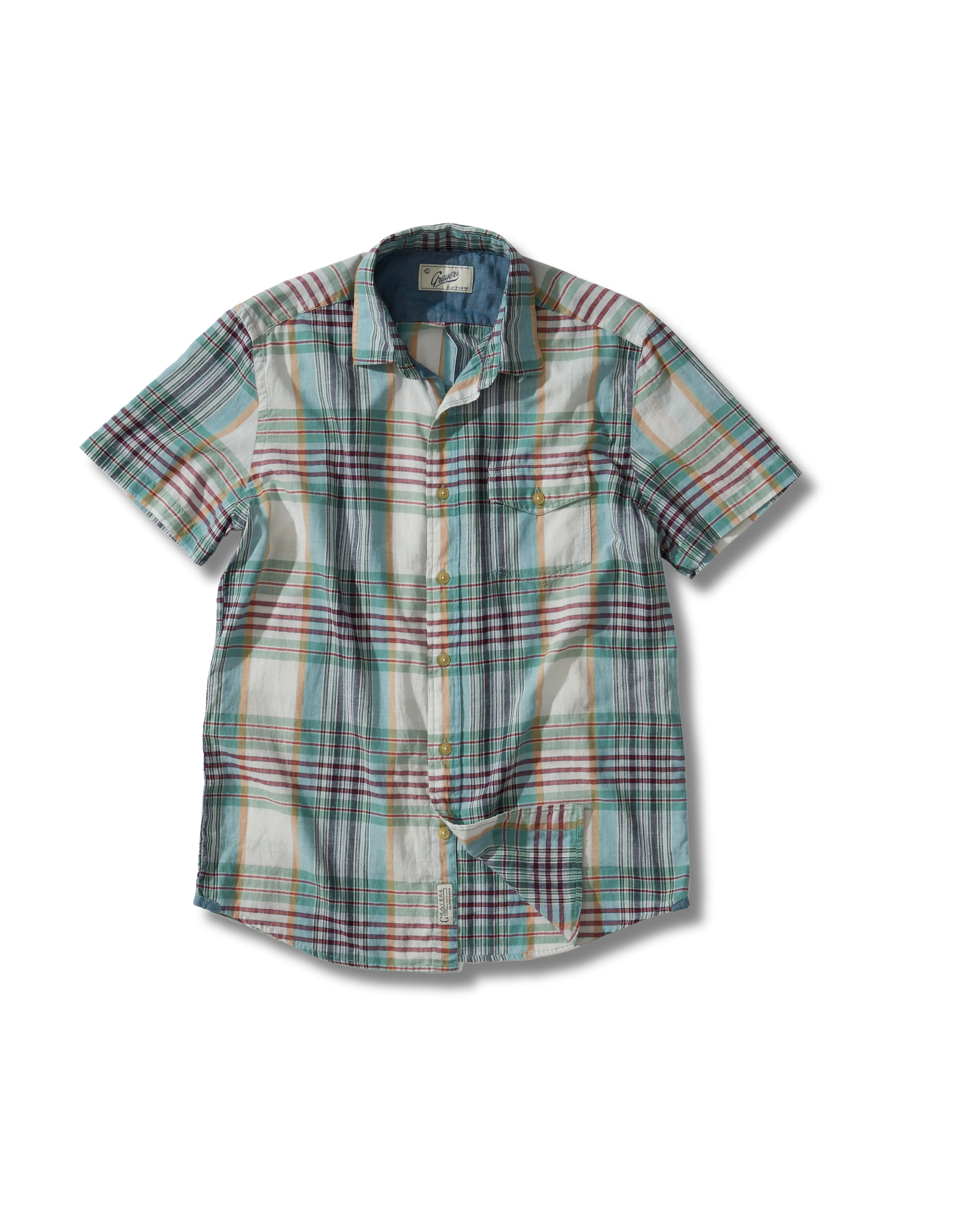 Polka Dot Pattern Cozy Layering Livingstone's Classic Madras Plaid Short Sleeve Shirt - Lunar Rock Blue Tan *