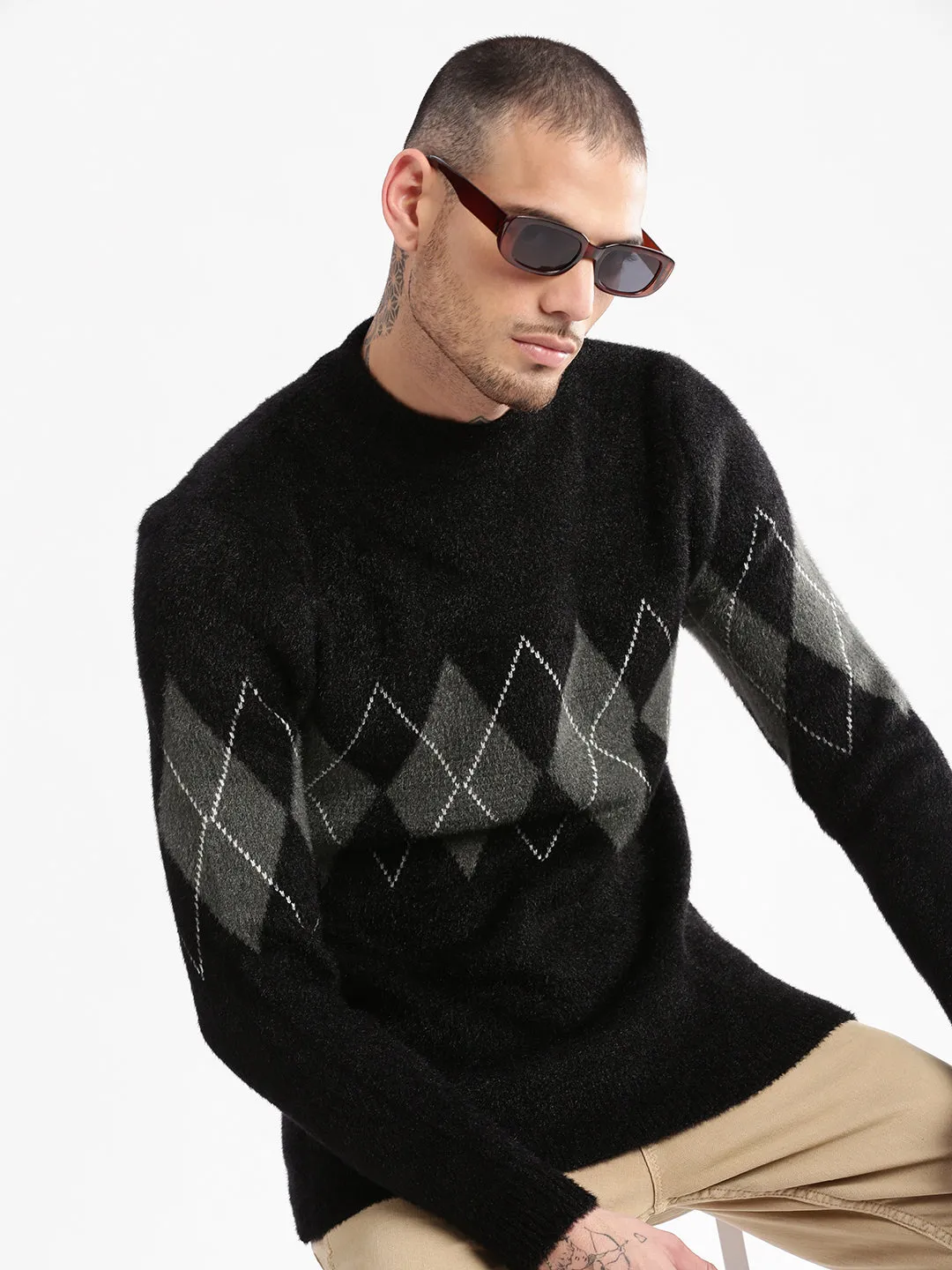 Men's Round Neck Argyle Black Pullover Spandex Integration
