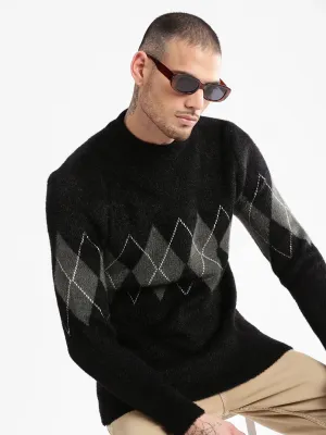 Men's Round Neck Argyle Black Pullover Spandex Integration