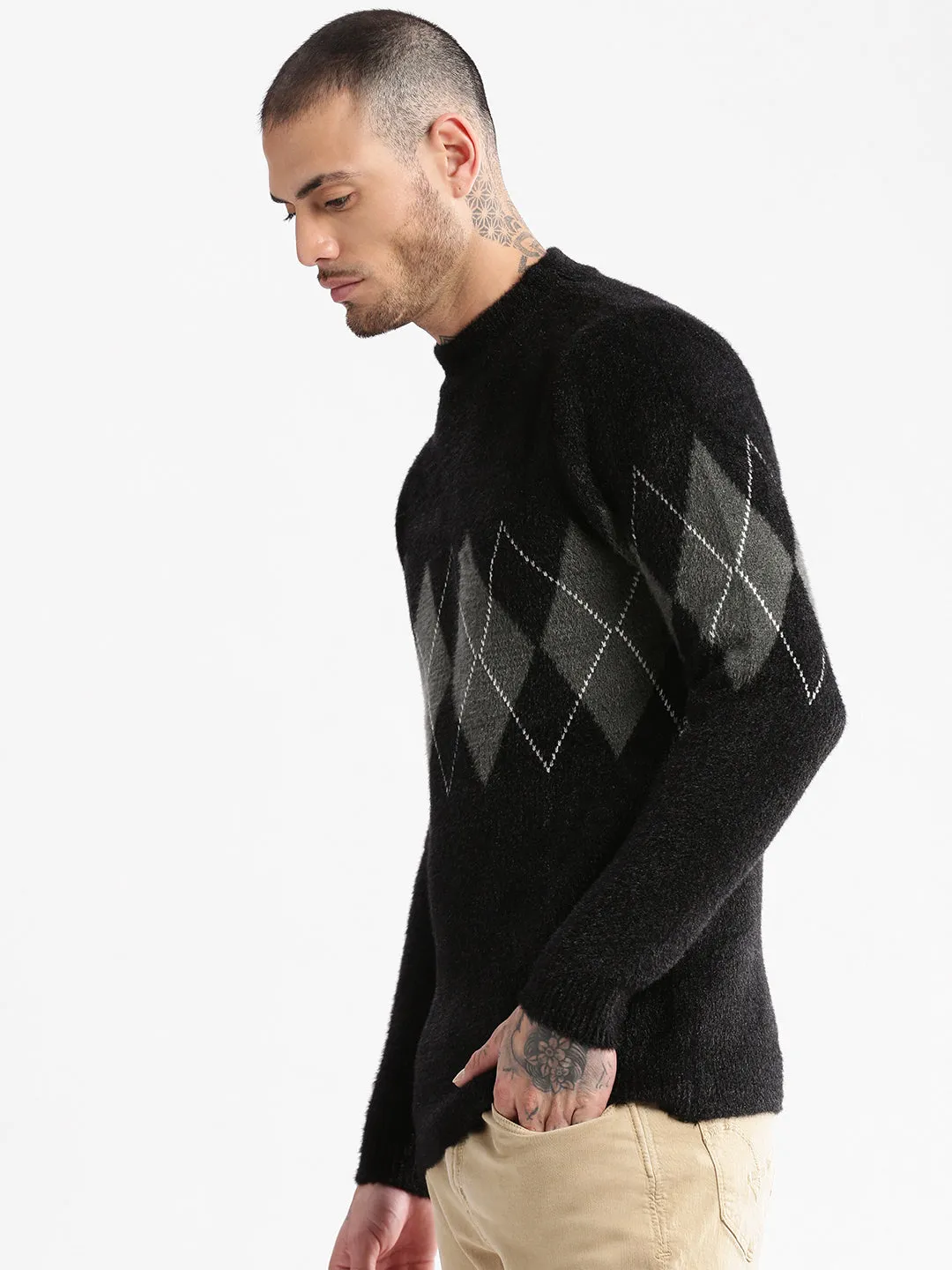 QuickDry Fabric Men's Round Neck Argyle Black Pullover