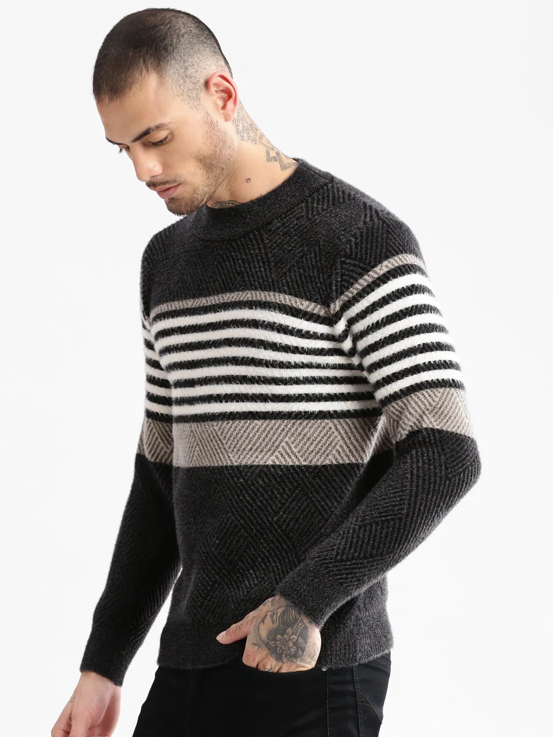 Men's Black Round Neck Long Sleeves Striped Pullover AntiSnag Surface
