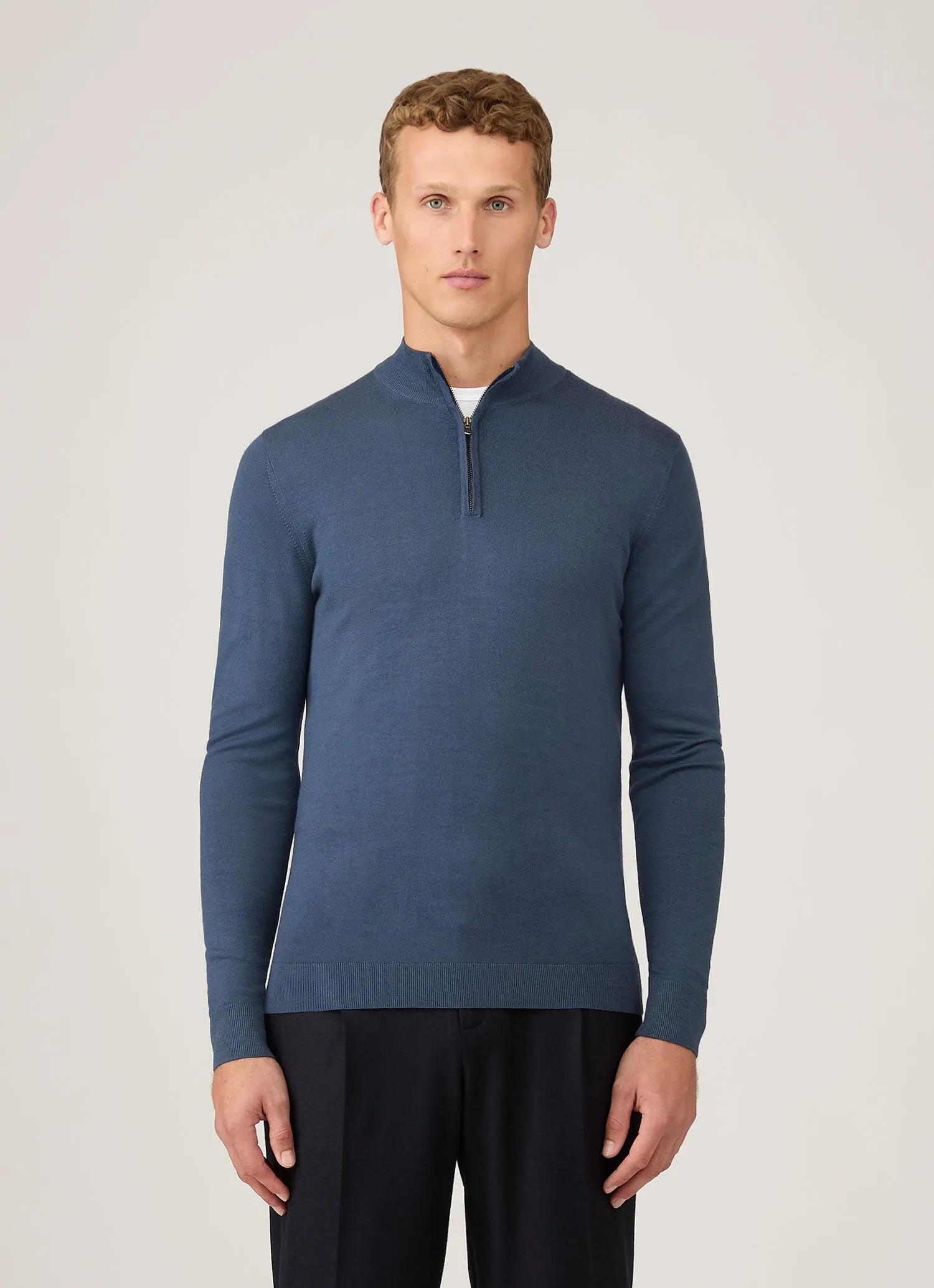 FadeResistant Tubular Knit Structure Men's Extra-Fine Merino Zip Neck in Slate Blue