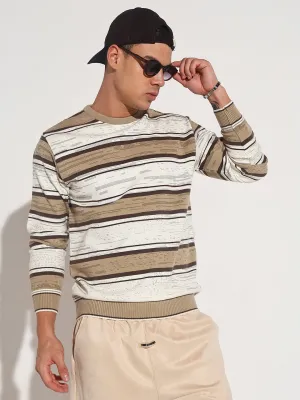Home Casual Cozy Lining Men's Striped Brown Ribbed Round Neck Sweater