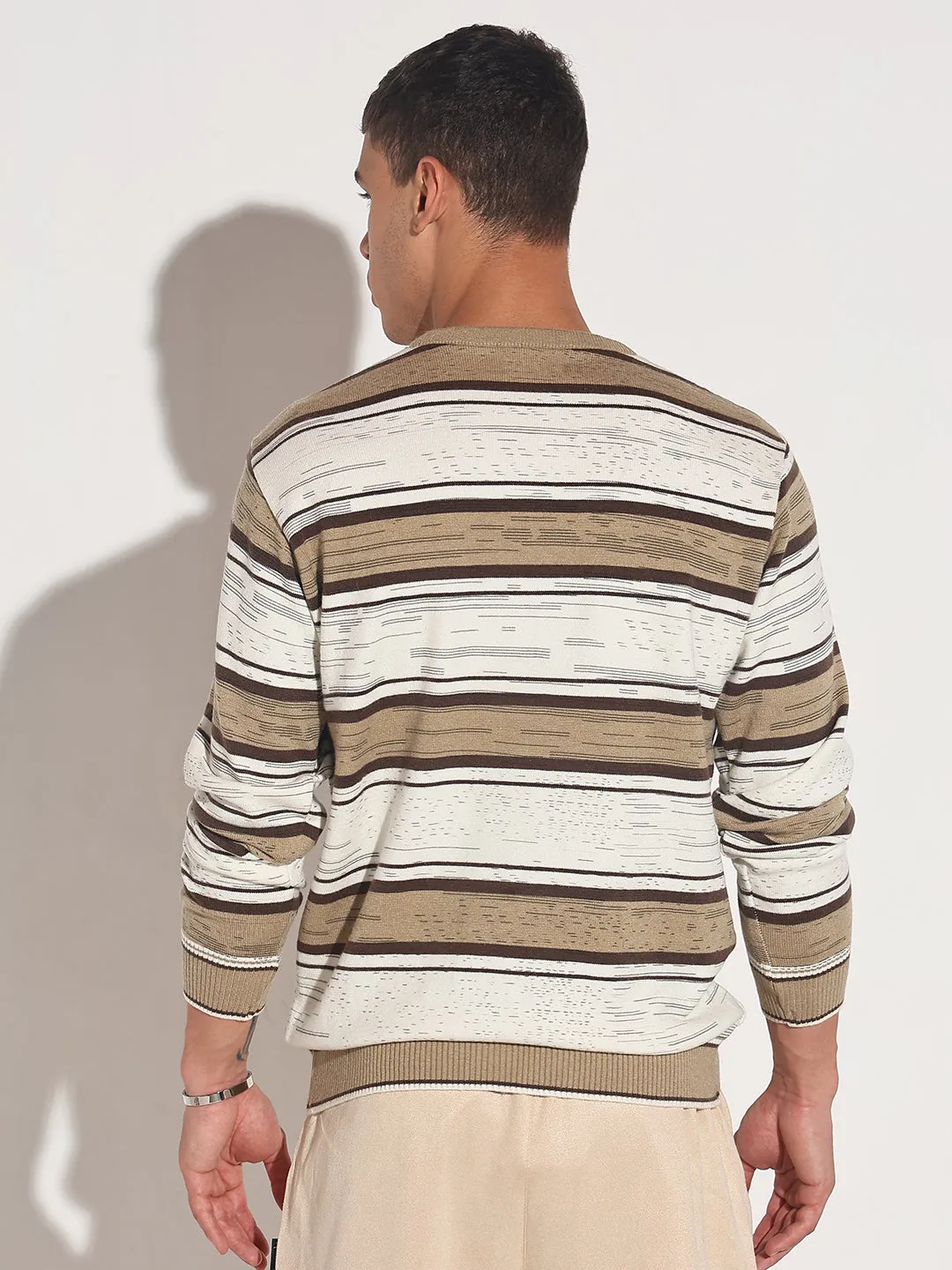 Layered Stitch Details Men's Striped Brown Ribbed Round Neck Sweater