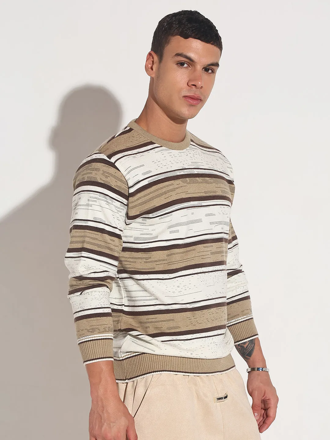 Men's Striped Brown Ribbed Round Neck Sweater Flatlock Seam Construction
