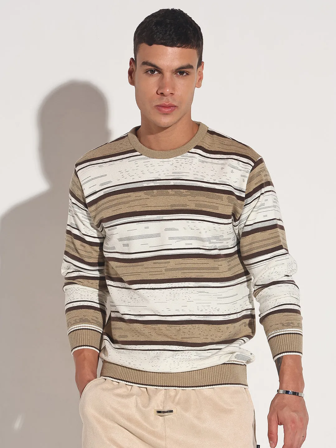SoftTouch Material Men's Striped Brown Ribbed Round Neck Sweater