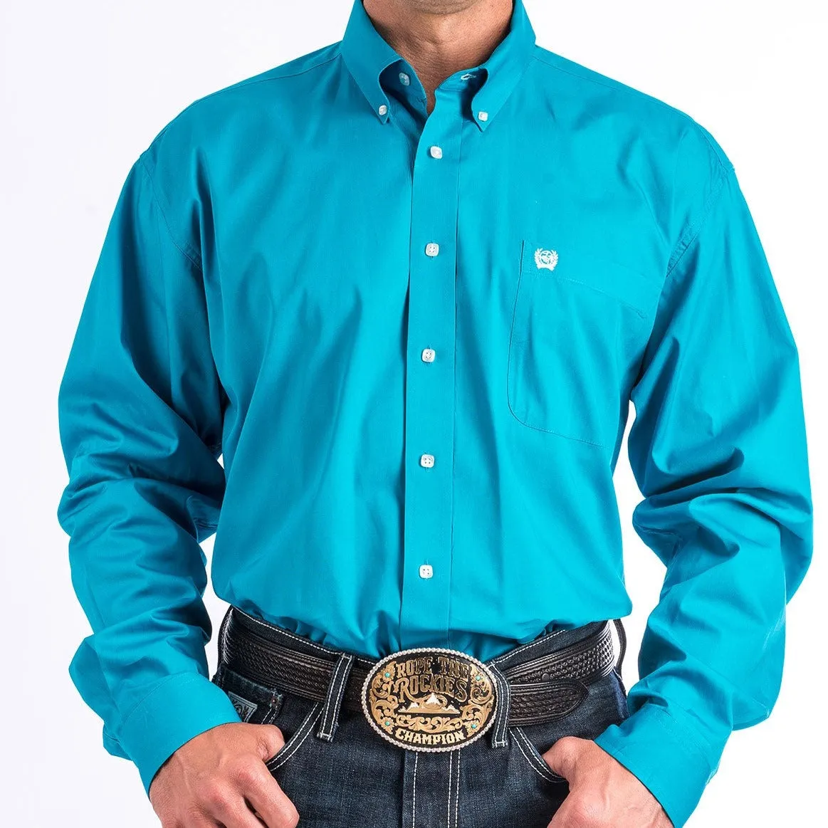 Stretch Wear Cinch Men's L/S Classic Fit Solid Western Button Down Shirt in Turquoise
