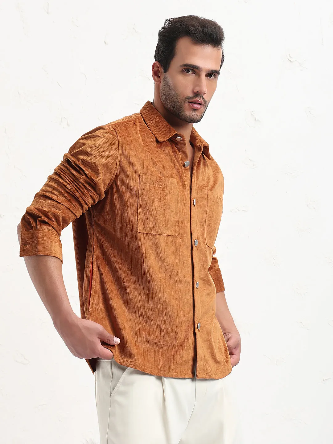 Outdoor Pants LayeredPanels Men's Brown Solid Slim Fit Shirt