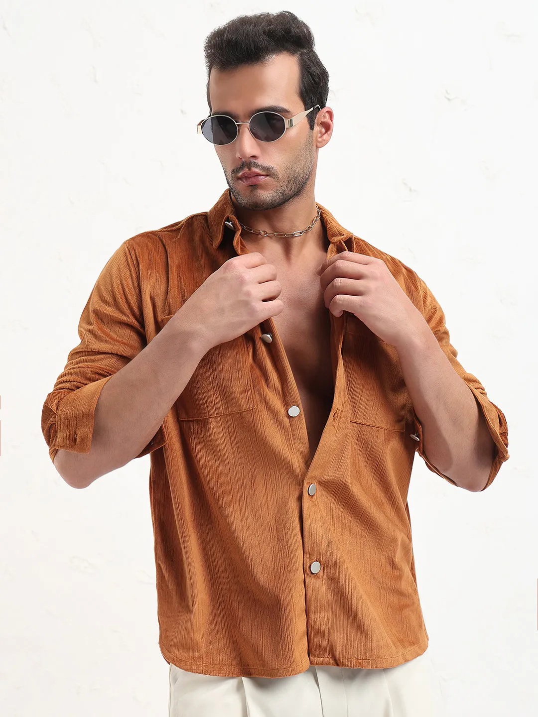 Men's Brown Solid Slim Fit Shirt Event Vibe Quiet Core