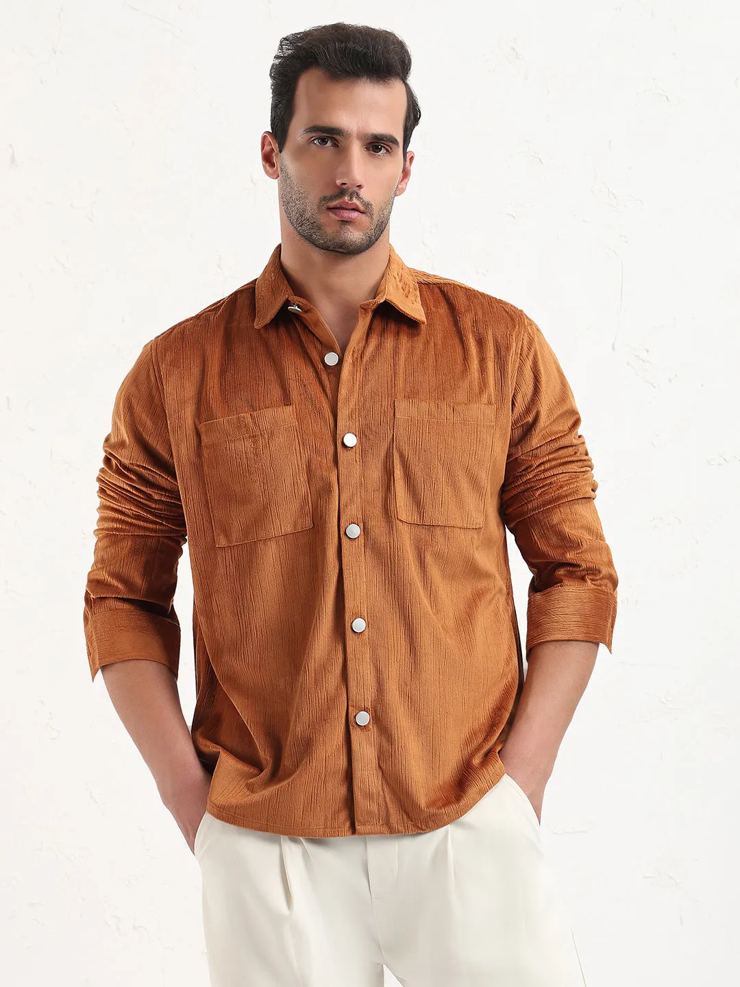 Men's Brown Solid Slim Fit Shirt Bold Step