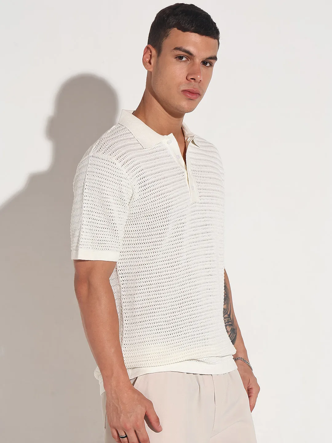 Men??s Textured White Short Sleeve Semi Sheer Polo T-Shirt QuickRelease Fasteners UVProtective Coating