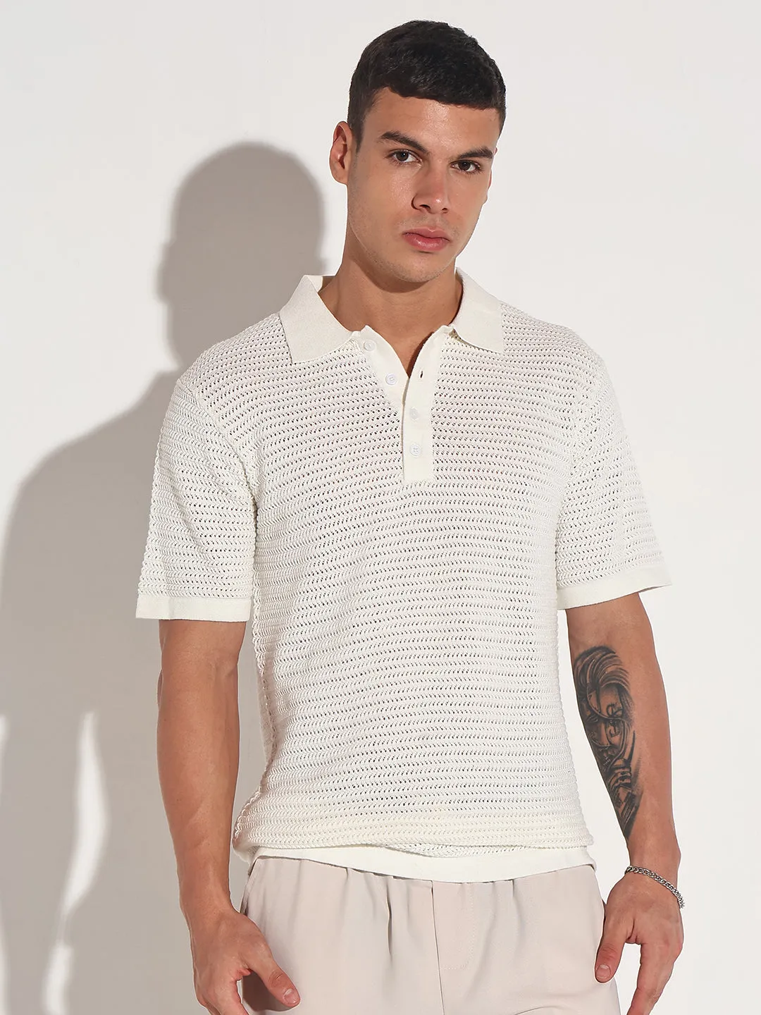 Men??s Textured White Short Sleeve Semi Sheer Polo T-Shirt HighDurabilityClothing OdorResistantClothing