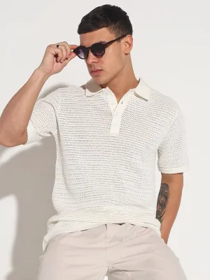 Men??s Textured White Short Sleeve Semi Sheer Polo T-Shirt Slim Fit Jeans City Beat