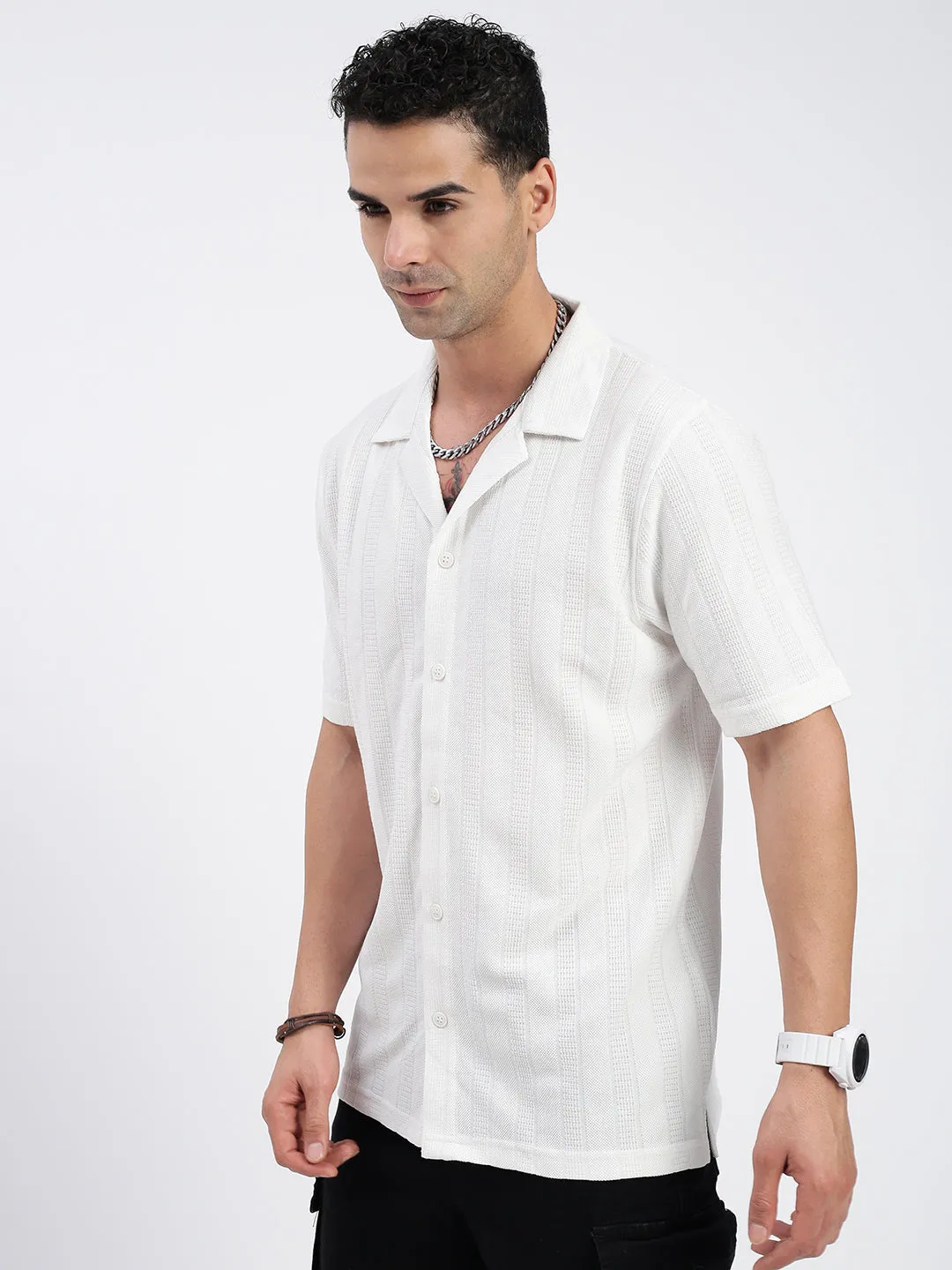 Organic Ease Men's White Standard Cuban Collar Textured Cotton Casual Shirt