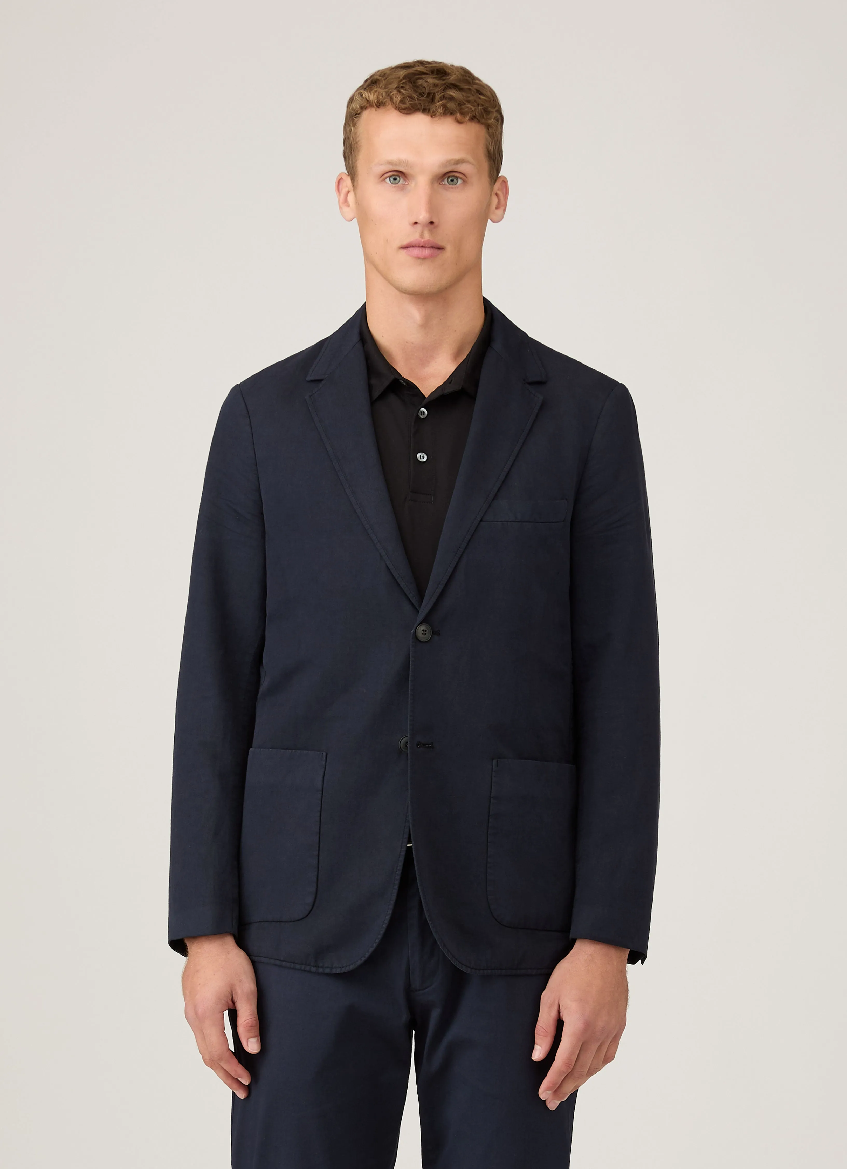 Noise Reduciting Fabric Weatherproof Zipper Men's Cotton Linen Unstructured Blazer in Navy