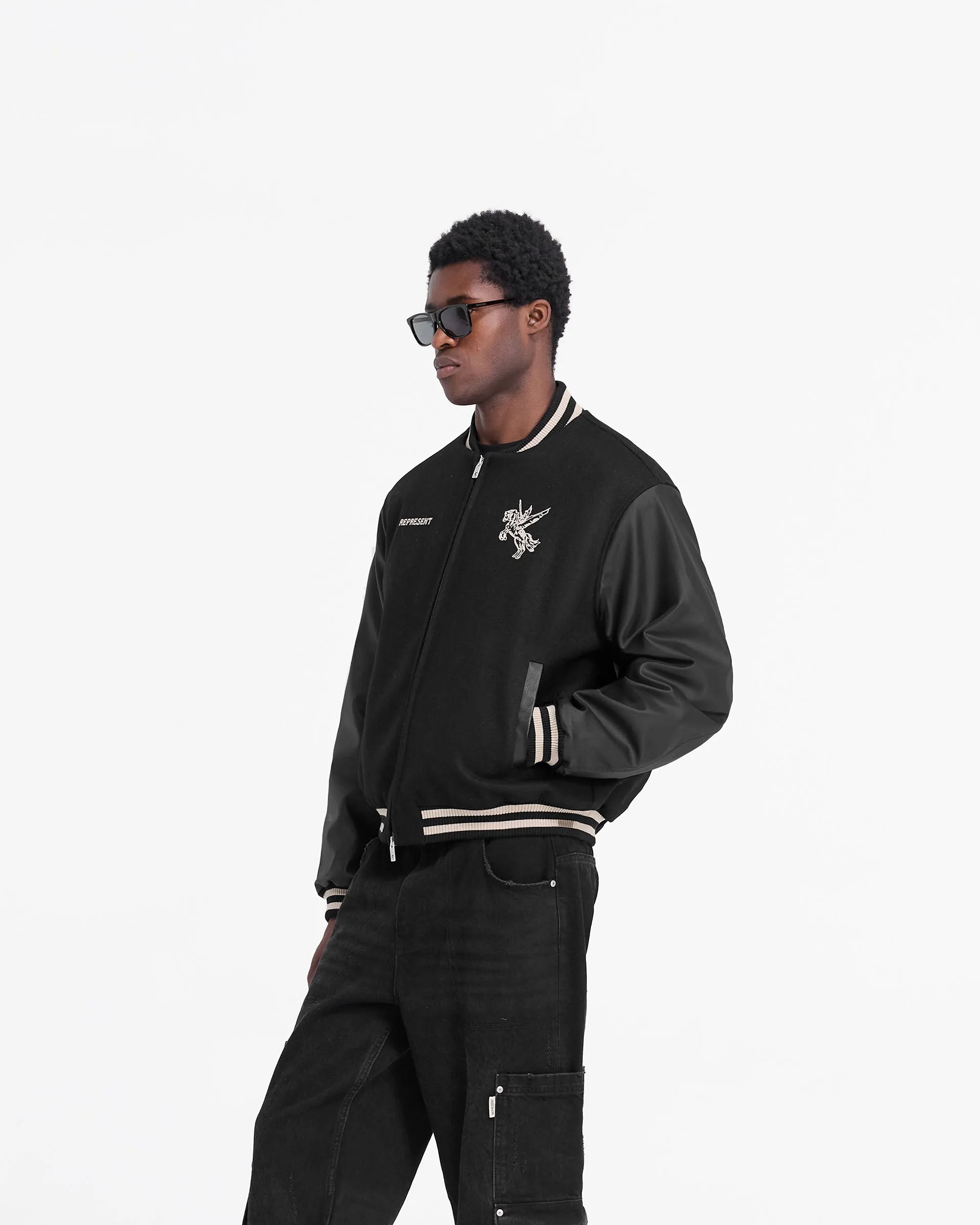 Mascot Wool Varsity Jacket - Jet Black Stylish Outer Layer MagneticClosureSystem