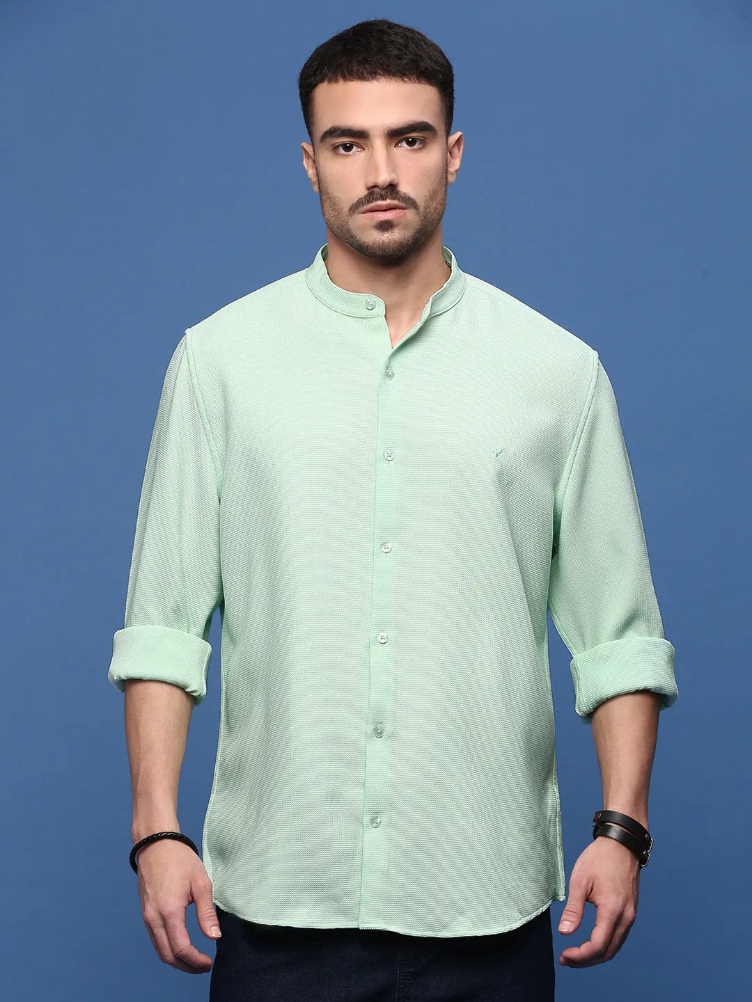 Men's Sea Green Solid Slim Fit Shirt Seamless Sleeve Construction