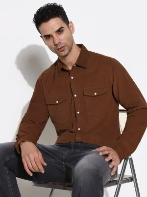 Men's Brown Solid Slim Fit Shirt Elegant Glow