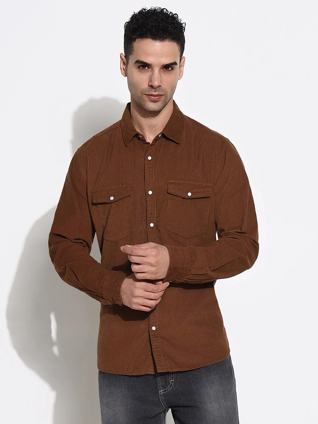 Men's Brown Solid Slim Fit Shirt Casual Fit